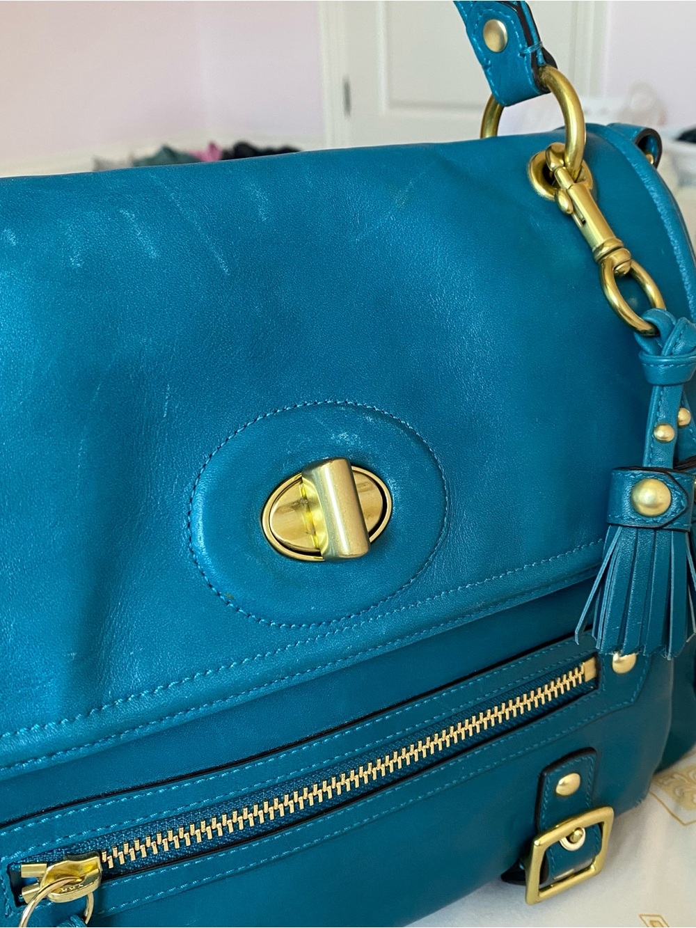 vintage 2000s coach legacy sydney teal and gold turnlock satchel shoulder bag - Picture 9 of 9